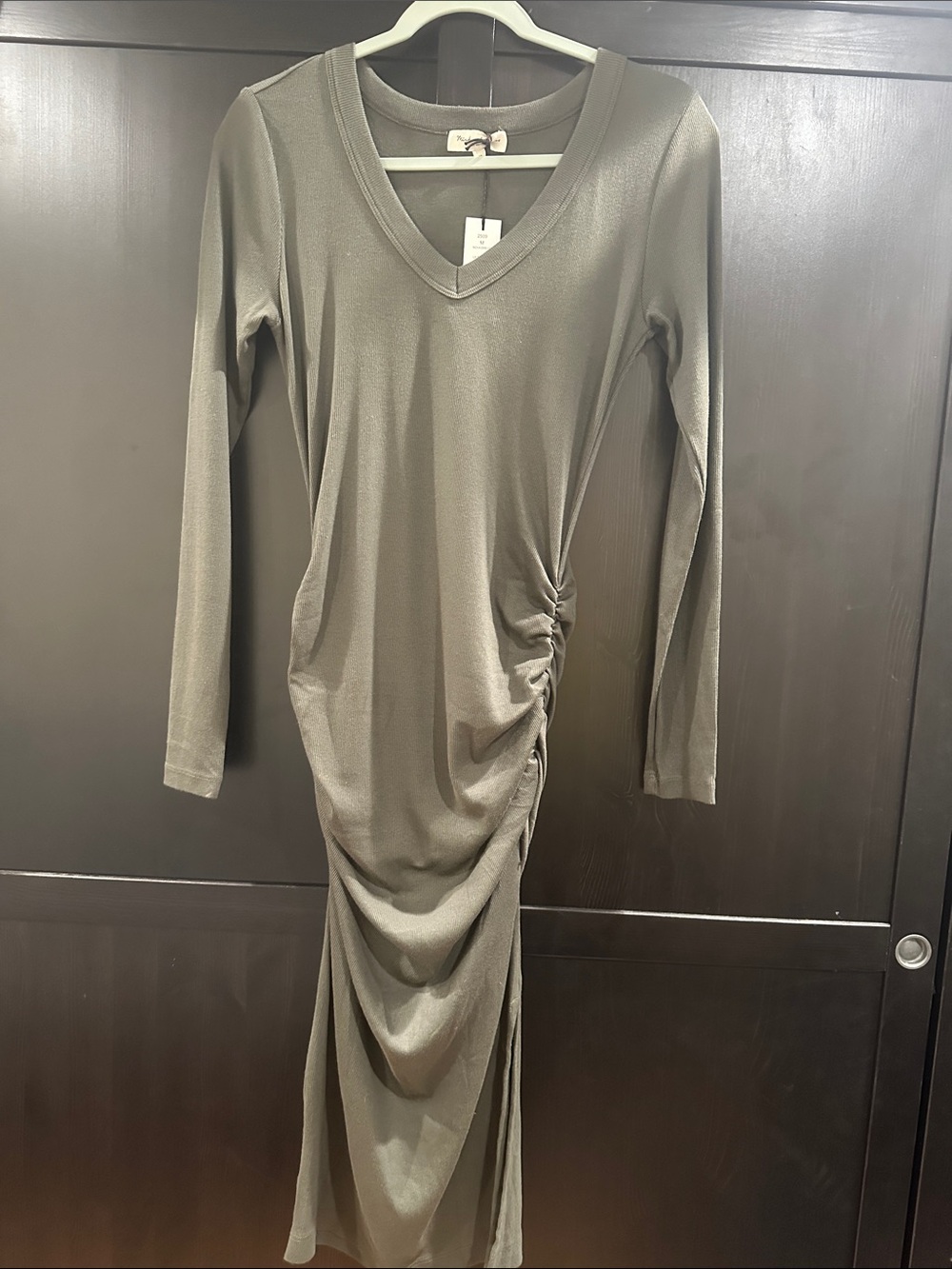 Michael Stars Olive V-Neck Long-Sleeve Ruched Maxi Dress